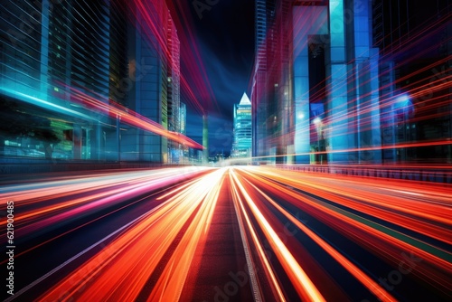 Abstract long exposure dynamic speed light trails in city street. AI Generative