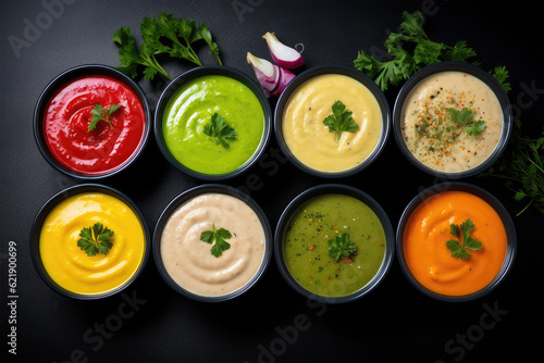 color vegetable cream soups on background