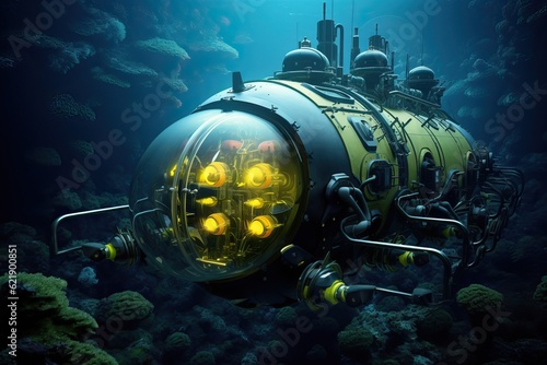 Close-up view of a research submersible floats near the ocean floor. Exploration of the deep sea as a key to understanding the origin of life.