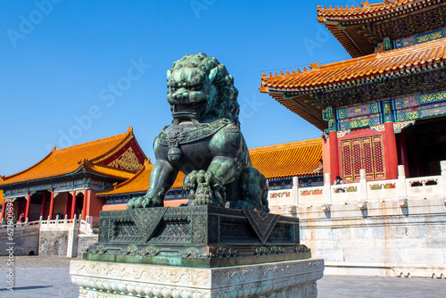 Bronze lion at the Forbidden City, Beijing, Chinese cultural symbols