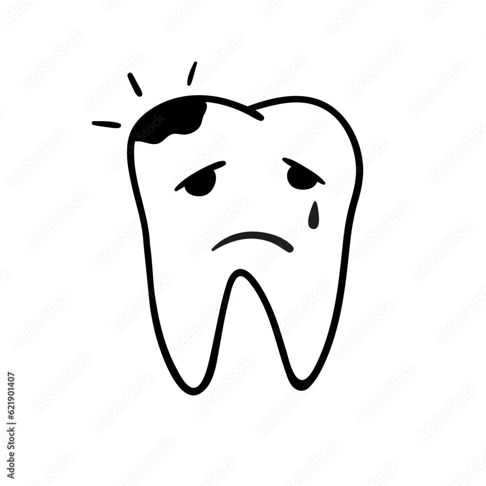 Sick crying tooth with caries in sketch style. Sad kid tooth vector icon. Sick crying tooth with caries in sketch style. Sad kid tooth vector icon.