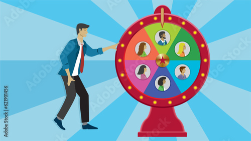Lucky draw winner, wheel of fortune with different candidates for chance to win or get new job. Dimension 16:9. Vector illustration. photo