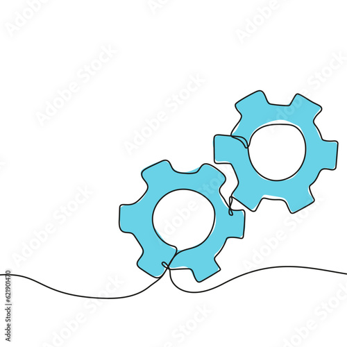 Gear wheel and cog wheel mechanism icon hand drawn with single one continuous line. Business concept innovation and movement. Vector illustration sketch style.