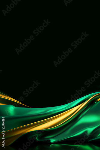 Abstract green and gold silk texture background. Turquoise and golden elegant luxury satin cloth with wave. Prestigious, award, luxurious teal background. Generative AI.