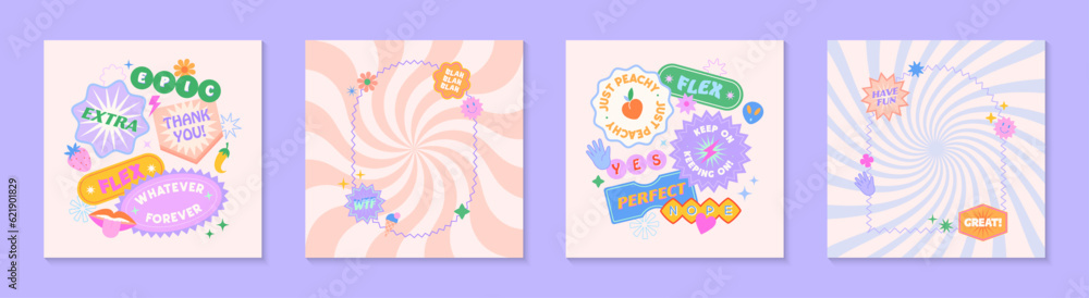 Vector social media templates with patches and stickers in 90s style.Modern emblems in y2k aesthetic with spiral background.Trendy funky designs. Vector social media templates with patches and stickers in 90s style.Modern emblems in y2k aesthetic with spiral background.Trendy funky designs.