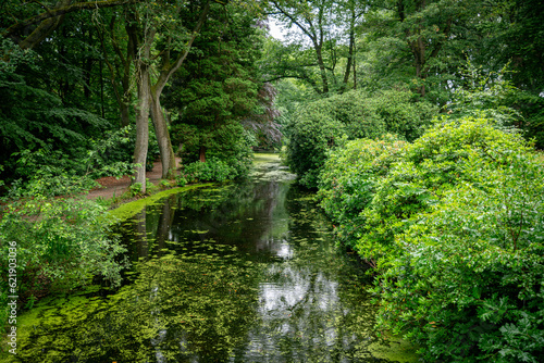 a pond bordered by trees with red and green foliage