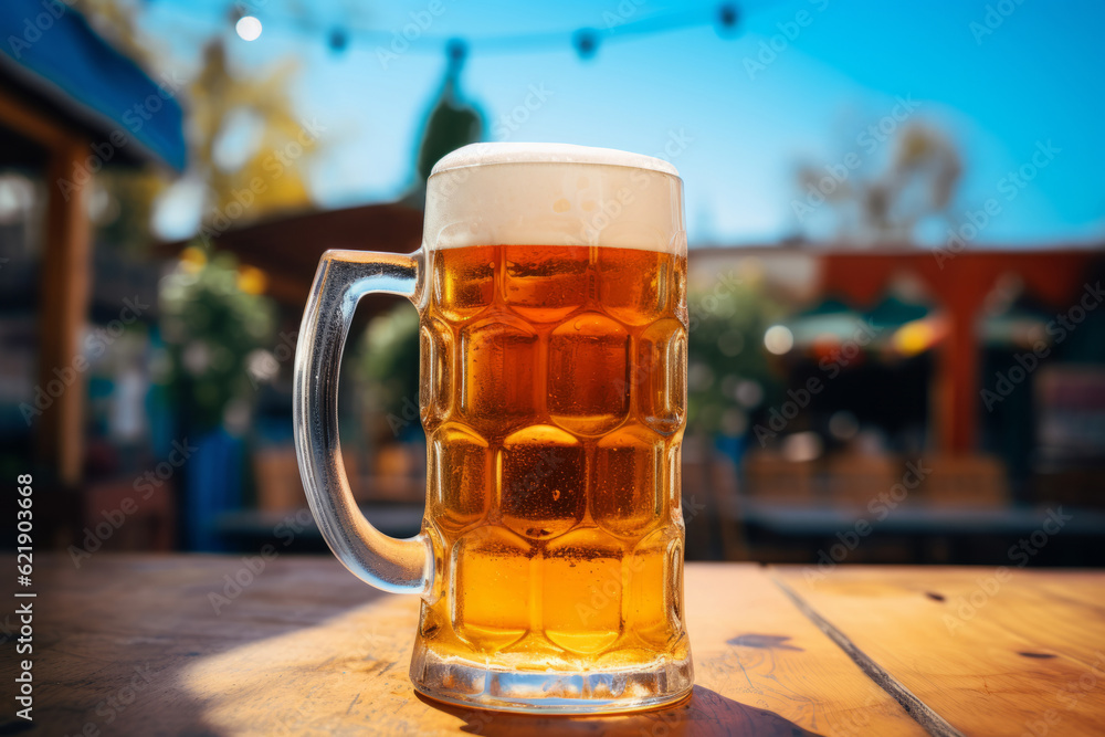 A large refreshing pint of beer or ale on a wooden bench on a summer day A large refreshing pint of beer or ale on a wooden bench on a summer day