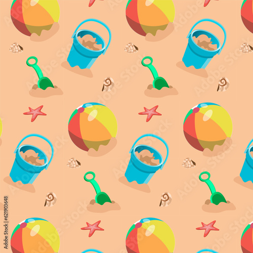 Seamless pattern with kids bucket beach ball and shovel with sand and seashell
