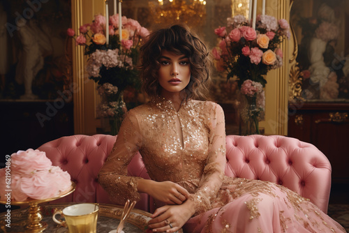 woman sitting on a couch with a cake surrounded by flowers made with generative AI