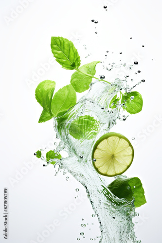 A slice of lime falling into the water. Generative AI. Green mint leaves and refreshing citrus taste.