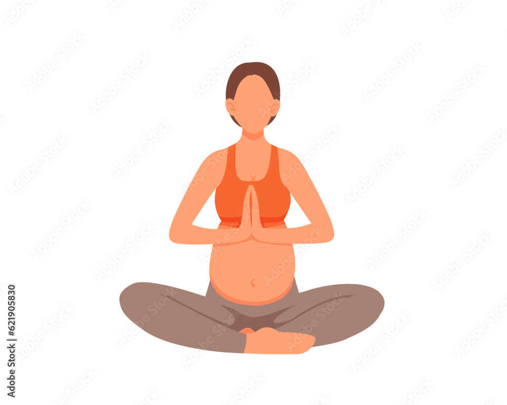 Young pregnant lady sitting in lotus position and doing yoga. Regular physical activity and healthy lifestyle for future mother. Healthy pregnancy and sports. Vector flat illustration