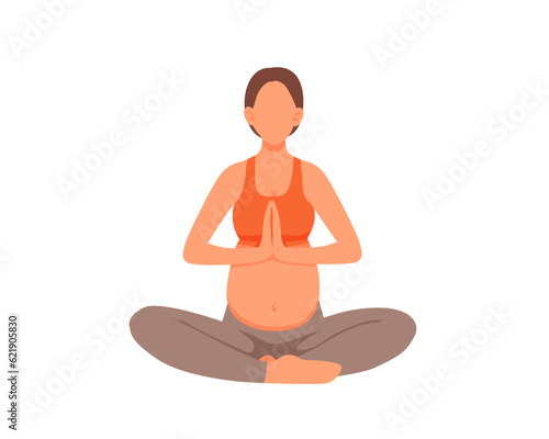 Young pregnant lady sitting in lotus position and doing yoga. Regular physical activity and healthy lifestyle for future mother. Healthy pregnancy and sports. Vector flat illustration