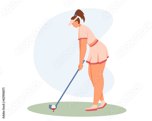 Young pretty woman in sport clothes holding golf club and get ready to hit ball. Time for workout. Active and healthy lifestyle. Vector flat illustration in warm colors