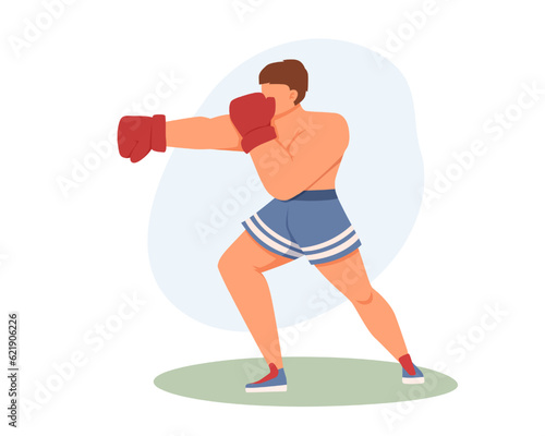 Young strong male in big red boxing gloves standing in gym and practicing blows. Learning how to play boxing. Time for workout. Active and healthy lifestyle. Vector flat illustration in warm colors