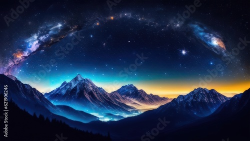 Futuristic digital art landscape with mountain valley, low clouds, purple starry sky with milky way. Generative AI