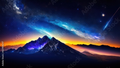 Futuristic digital art landscape with mountain valley, low clouds, purple starry sky with milky way. Generative AI © Vitaliy