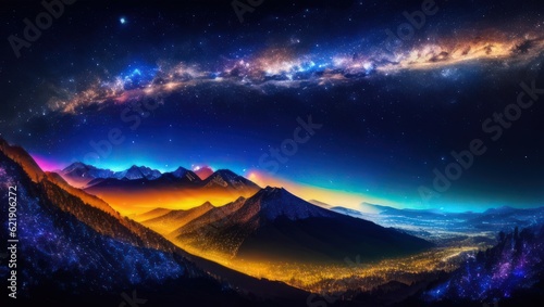 Futuristic digital art landscape with mountain valley, low clouds, purple starry sky with milky way. Generative AI © Vitaliy