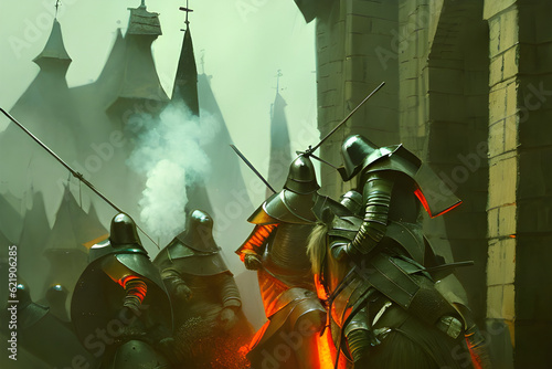 Medieval knights fighting over a castle