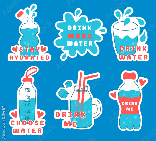 Drink more water sticker set. Sport bottles, glasses collection. Vector flat illustration.