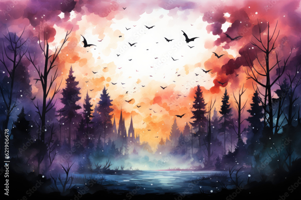 A painting of birds flying over a forest. Generative AI. Halloween background.