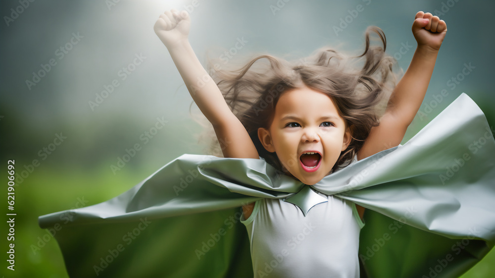 Superhero girl, young child wearing green cape, victorious gesture. - obrazy, fototapety, plakaty 