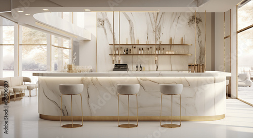 Fotografia Small modern Korean style design cafe, glossy ivory white round corner counter,