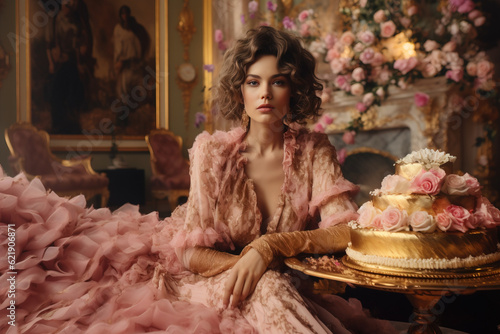 woman sitting on a couch with a cake surrounded by flowers made with generative AI