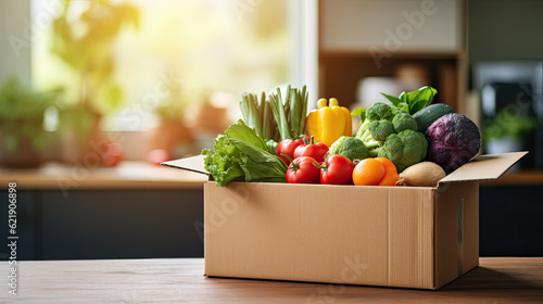 Fresh vegetables in cardboard box on wooden table
