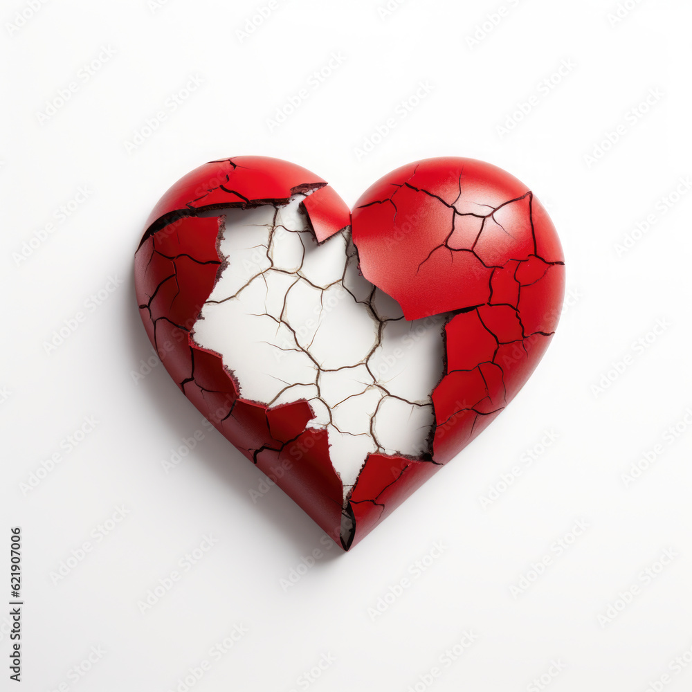 A broken red heart on a white background. Generative AI. Broken heart. A broken red heart on a white background. Generative AI. Broken heart.