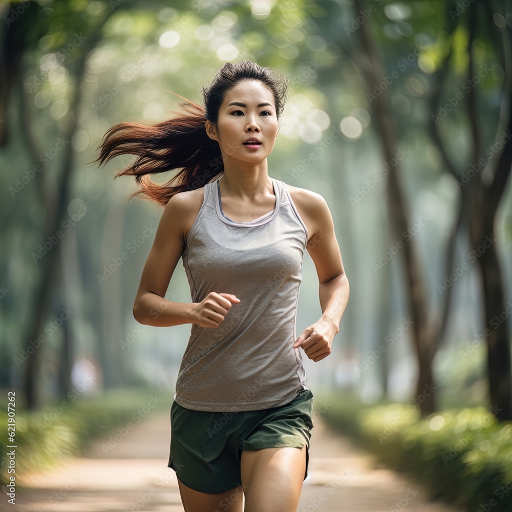Young beautiful Asian woman jogging in park. Great for articles about lifestyle, health, fitness, sportswear, wellness etc. Young beautiful Asian woman jogging in park. Great for articles about lifestyle, health, fitness, sportswear, wellness etc.