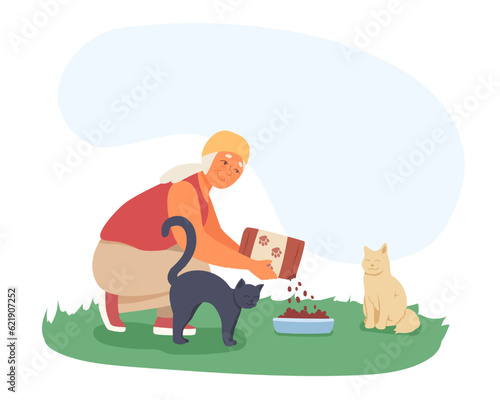 Old lady pouring food for stray cats. Cartoon character spending time with pets. Active lifestyle for seniors. Time for feeding animals. Concept of happy retirement. Vector flat illustration