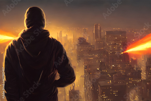 Side view of a masked assassin standing on a rooftop against a pitch-dark backdrop overlooking a large city. Generative AI