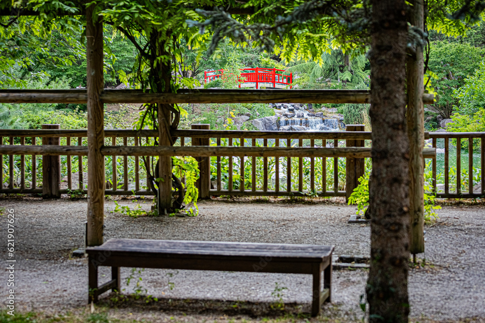 Jardin japonais en été à Dijon. Japanese garden in summer in Dijon. Jardin japonais en été à Dijon. Japanese garden in summer in Dijon.