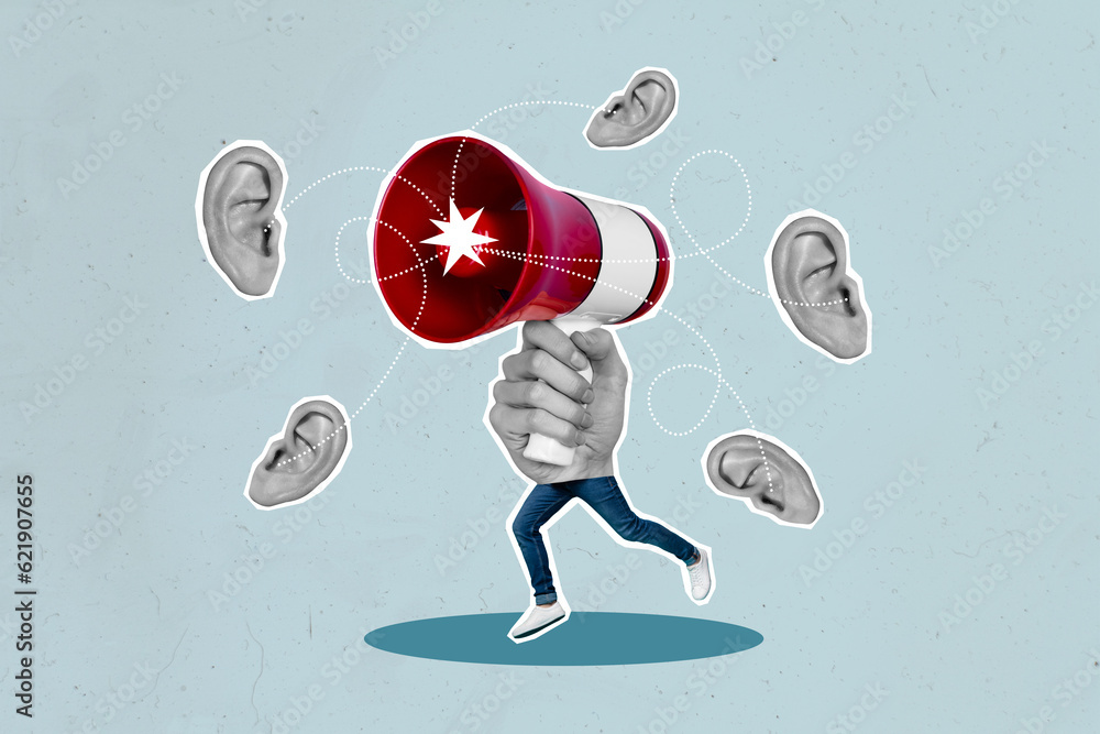 Collage portrait of black white effect arm hold loudspeaker run mini person legs communicate fake news ears listen isolated on drawing background Collage portrait of black white effect arm hold loudspeaker run mini person legs communicate fake news ears listen isolated on drawing background