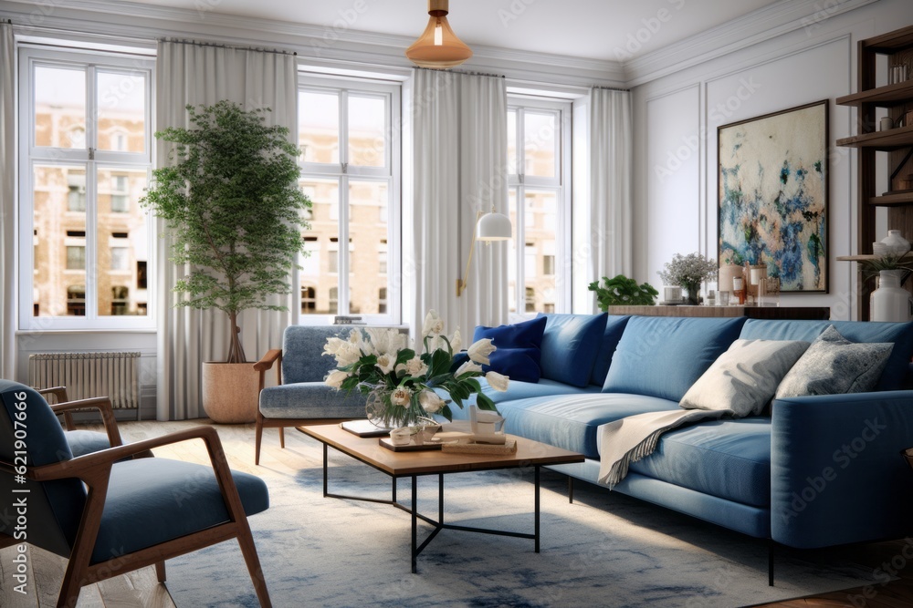 Home interior mock-up with blue sofa and a poster on the wall, wooden table and decor in bright living room with big windows. Generative AI. Home interior mock-up with blue sofa and a poster on the wall, wooden table and decor in bright living room with big windows. Generative AI.