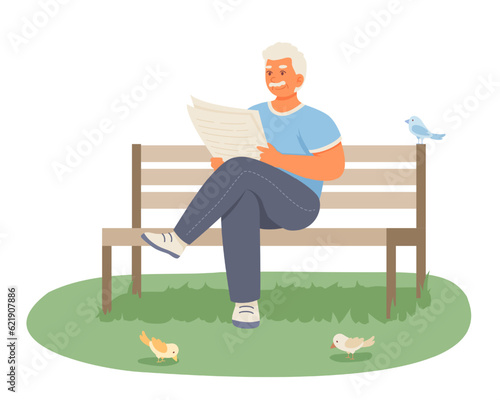 Senior male sitting on bench and reading newspaper. Cartoon character resting outside. Concept of happy retirement. Vector flat illustration in green and blue colors