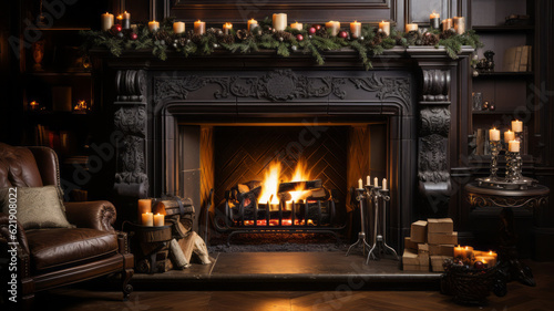 fireplace at christmas , christmas fireplace decorations. Generative AI