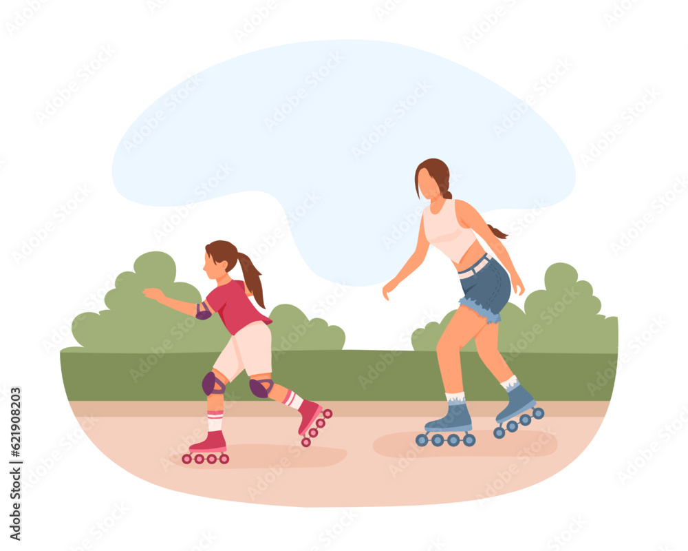 Female rollerblading with her daughter in park. Parents and kids doing sports together. Active and healthy lifestyle. Time for playing games with kids outdoors. Vector illustration