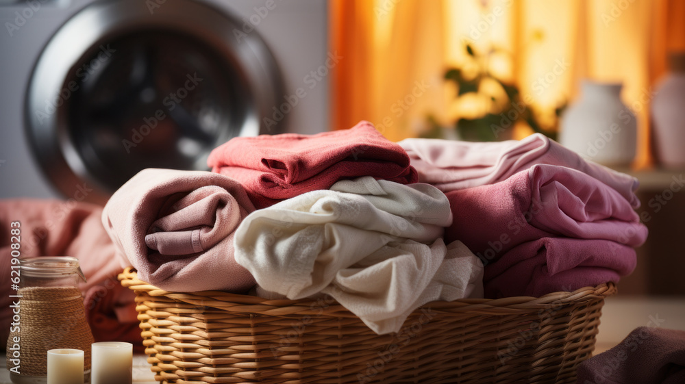 Laundry basket on a rack beside of a washing machine . Generative AI Laundry basket on a rack beside of a washing machine . Generative AI