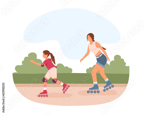 Female rollerblading with her daughter in park. Parents and kids doing sports together. Active and healthy lifestyle. Time for playing games with kids outdoors. Vector illustration