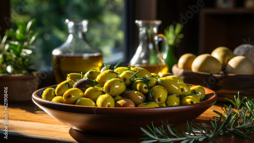 olives on wooden table with olive oil on the side. Generative AI