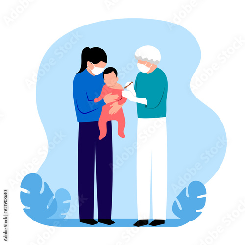 Mother standing in hospital, holding little kid, doctor vaccinates child. Time to get vaccinated against diseases. Protection from pandemic outbreak. Immunization schedule for kids. Vector flat