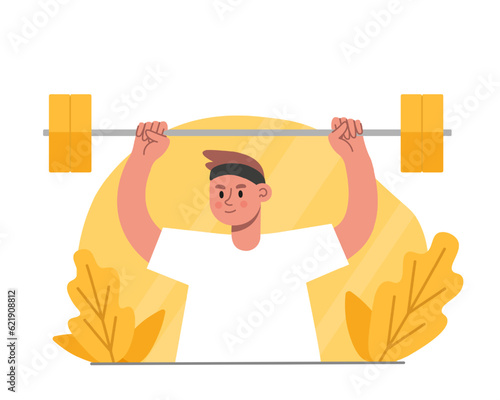 Strong man holding barbell and training. Cartoon character doing sports exercises. Regular physical activity. Active and healthy lifestyle concept. Flat vector illustration in yellow colors