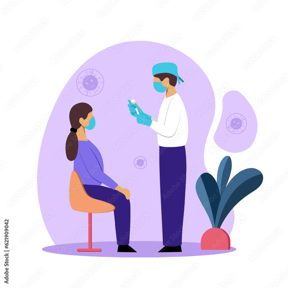 Medical worker in protective mask and clothes standing near patient and holding syringe with vaccine. Concept of protection from pandemic outbreak. Vector flat illustration in purple colors Medical worker in protective mask and clothes standing near patient and holding syringe with vaccine. Concept of protection from pandemic outbreak. Vector flat illustration in purple colors