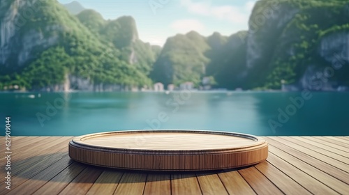 round wood slice podium with natural water lake and mountains in the background © Ai Expert