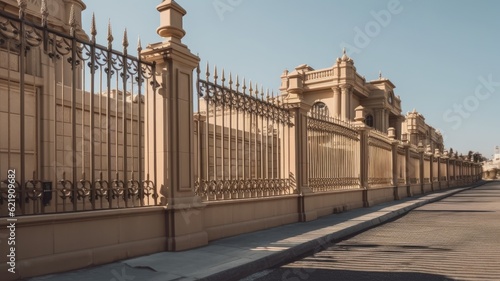 Massive monolithic mansion fence shot in close-up. Generative AI 2