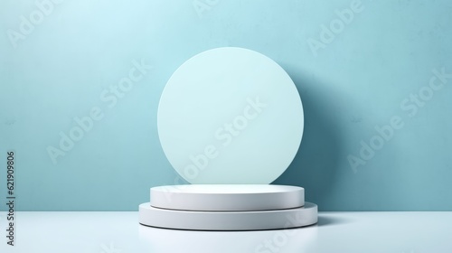 Pedestal oval podium for cosmetic product presentation in studio with blue fine texture background.