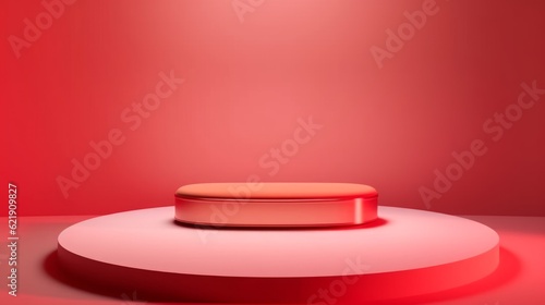 Pedestal oval podium for cosmetic product presentation in studio with light red fine texture background. Generative AI 4