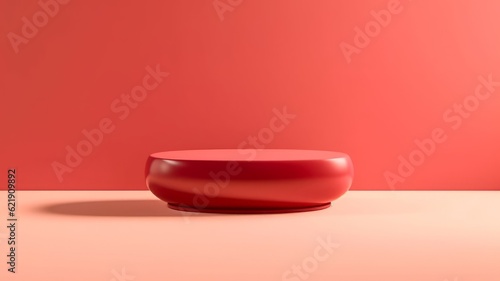 Pedestal oval podium for cosmetic product presentation in studio with light red fine texture background. Generative AI 6