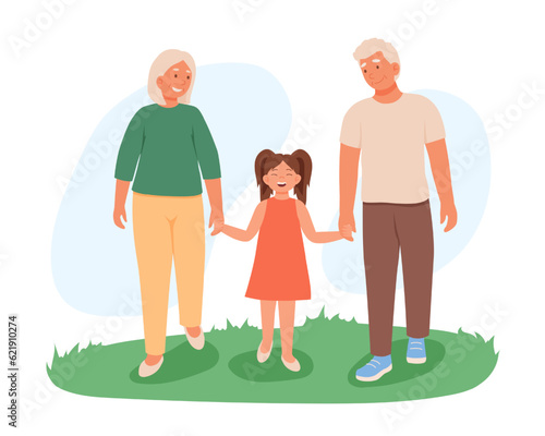 Grandparents spending time with their grandchildren. Senior man and woman walking with granddaughter. Happy old age. Concept of retirement. Vector flat illustration in green colors
